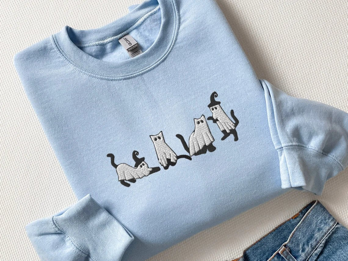 Embroidered Cat Ghost Halloween Unisex Sweatshirt - Hawkswell Designs