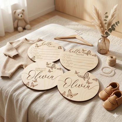 🦋 Personalised Butterfly Baby Announcement & Name Discs