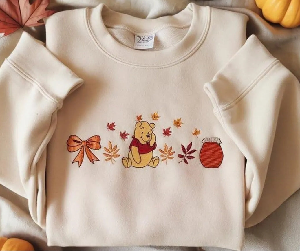 Autumn Pooh Sweatshirt | Embroidered Fall Crewneck | Cosy Cute Sweater for Disney Lovers