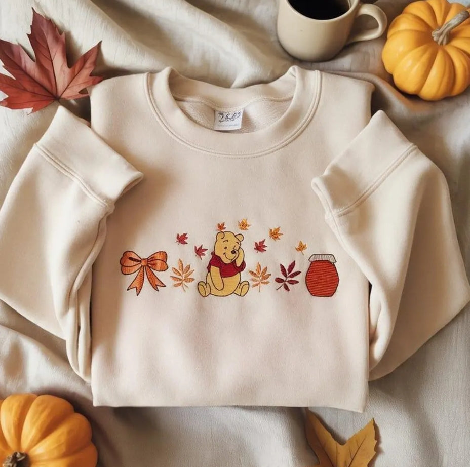 Autumn Pooh Sweatshirt | Embroidered Fall Crewneck | Cosy Cute Sweater for Disney Lovers