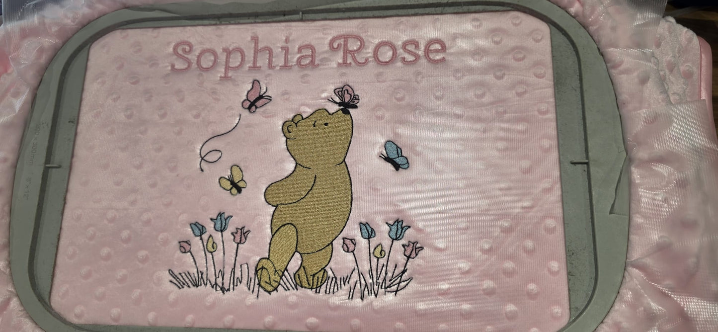 Personalised Baby Blanket – Embroidered Minky Dot Blanket with Bear & Butterflies – Custom Name Gift