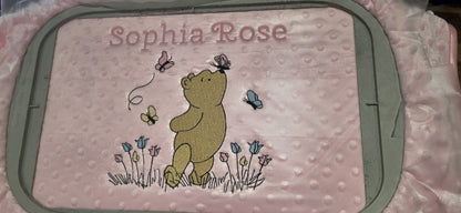 Personalised Baby Blanket – Embroidered Minky Dot Blanket with Bear & Butterflies – Custom Name Gift