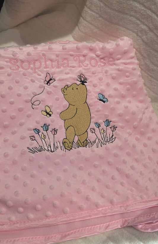 Personalised Baby Blanket – Embroidered Minky Dot Blanket with Bear & Butterflies – Custom Name Gift