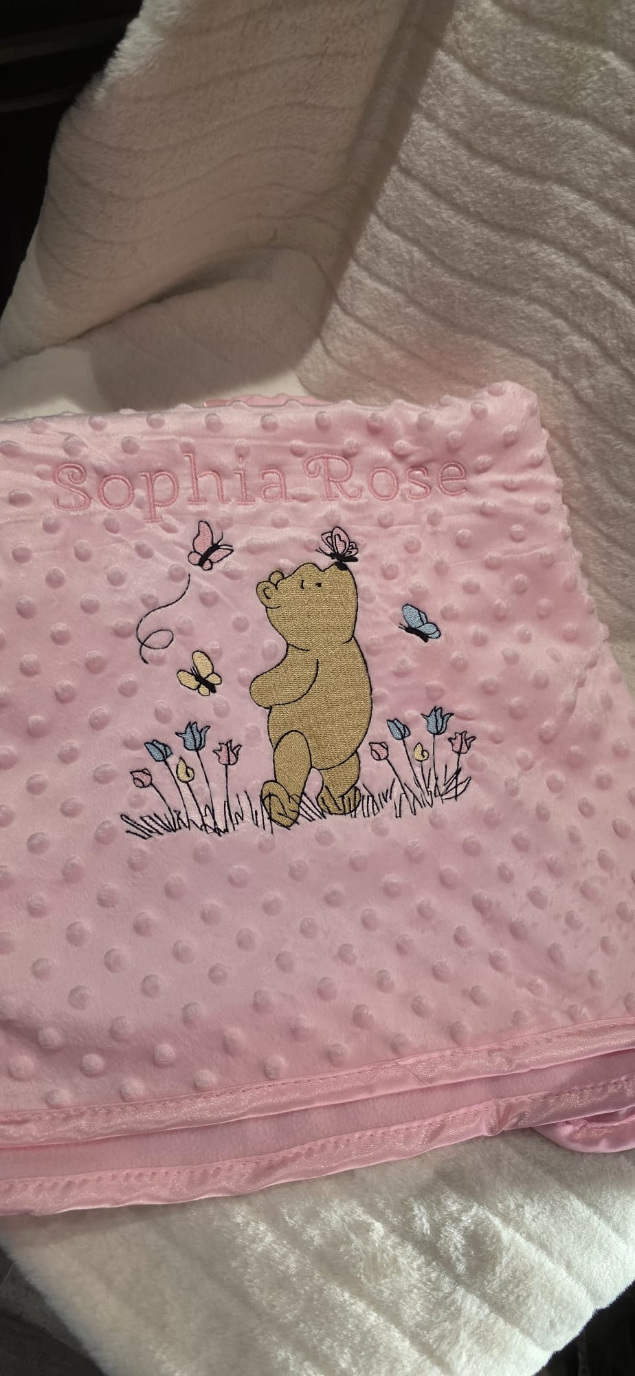Personalised Baby Blanket – Embroidered Minky Dot Blanket with Bear & Butterflies – Custom Name Gift