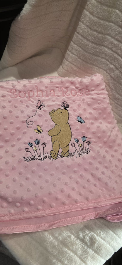 Personalised Baby Blanket – Embroidered Minky Dot Blanket with Bear & Butterflies – Custom Name Gift