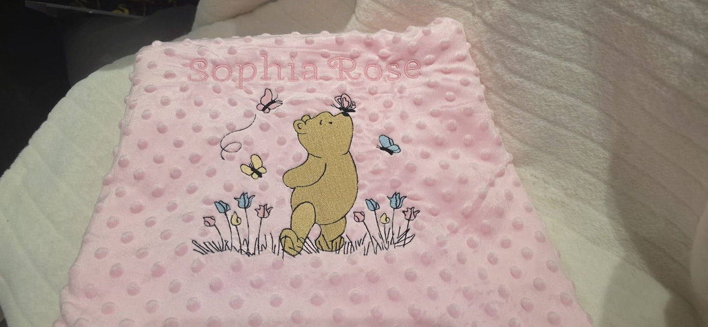 Personalised Baby Blanket – Embroidered Minky Dot Blanket with Bear & Butterflies – Custom Name Gift