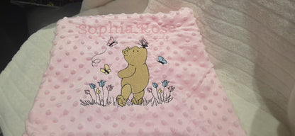 Personalised Baby Blanket – Embroidered Minky Dot Blanket with Bear & Butterflies – Custom Name Gift