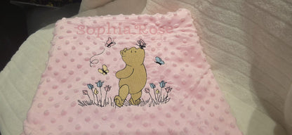 Personalised Baby Blanket – Embroidered Minky Dot Blanket with Bear & Butterflies – Custom Name Gift