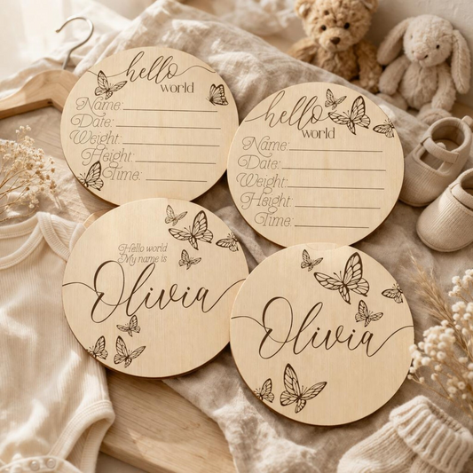 🦋 Personalised Butterfly Baby Announcement & Name Discs