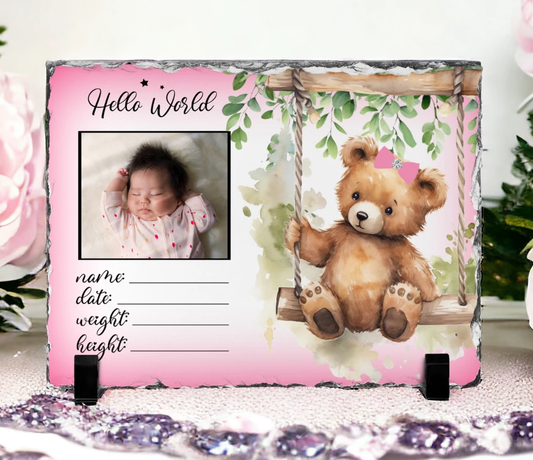 Pink Bear New Baby Photo Slate