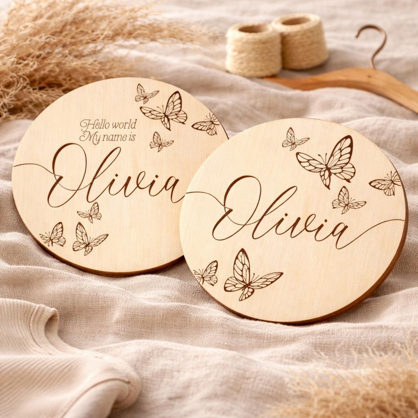 🦋 Personalised Butterfly Baby Announcement & Name Discs