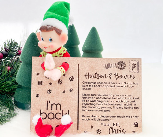 Wooden elf arrival personalised postcard