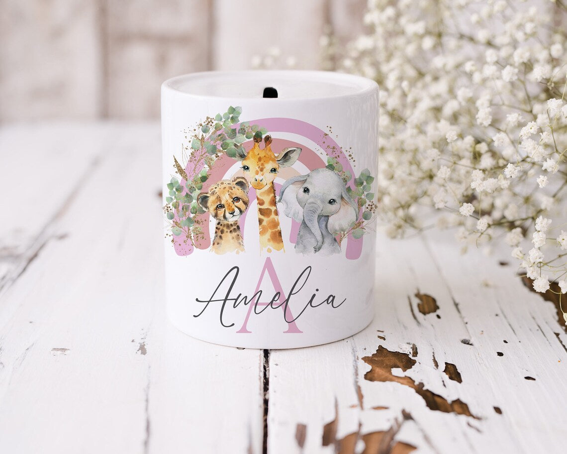 Personalised money box, rainbow safari animal theme