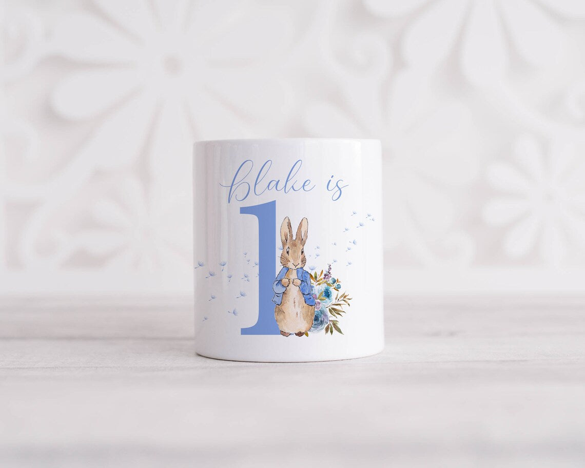 Personalised Blue Rabbit money box, ceramic coin bank