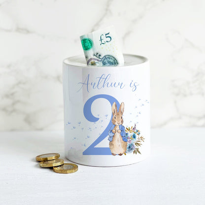 Personalised Blue Rabbit money box, ceramic coin bank