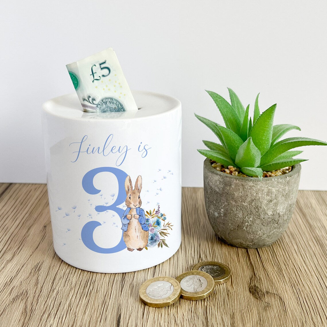 Personalised Blue Rabbit money box, ceramic coin bank