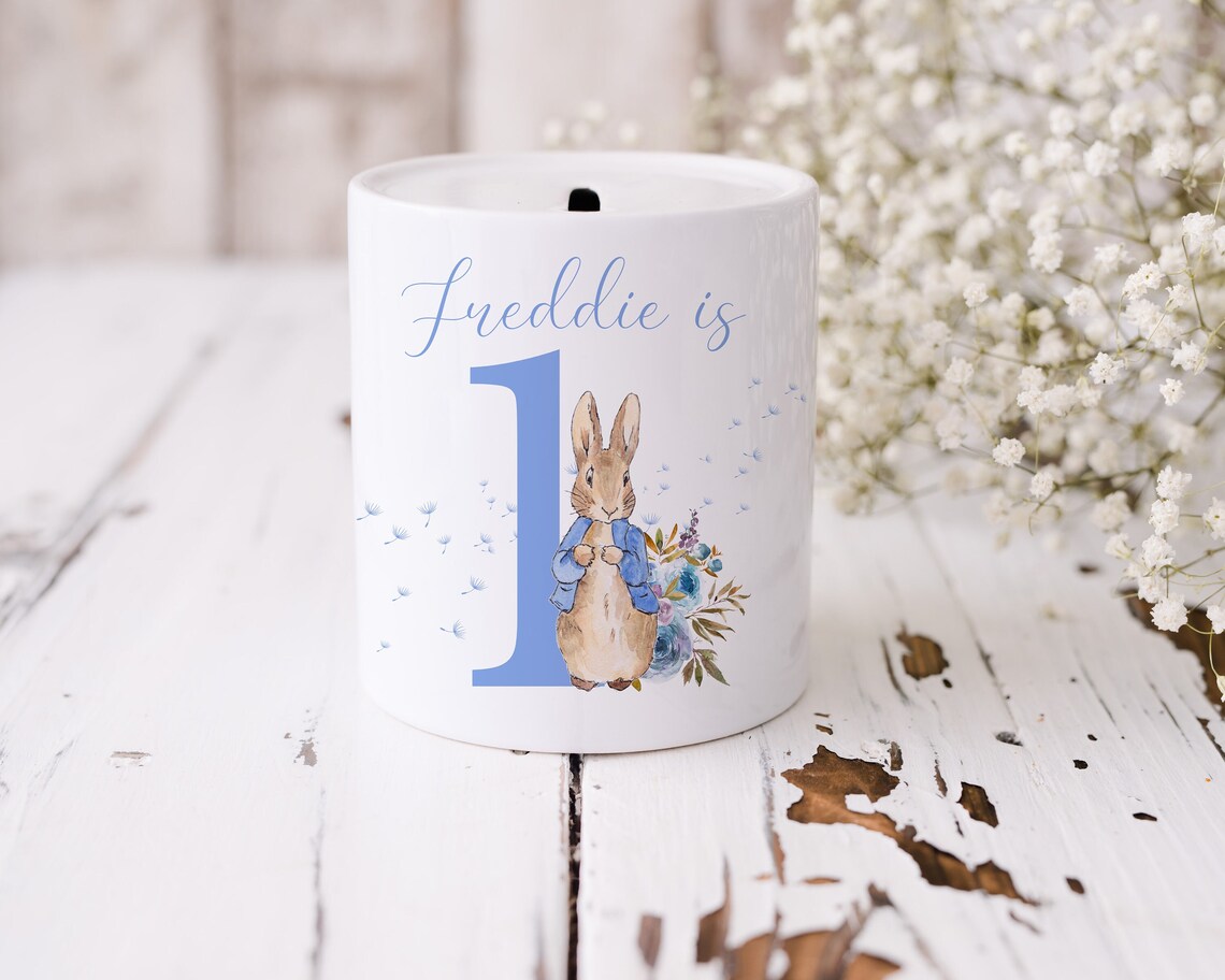 Personalised Blue Rabbit money box, ceramic coin bank