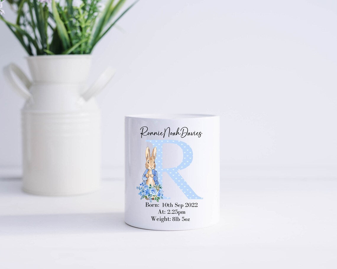 Personalised Blue Rabbit money box, new baby boy gift