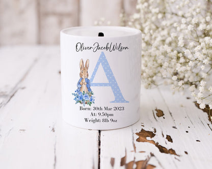 Personalised Blue Rabbit money box, new baby boy gift