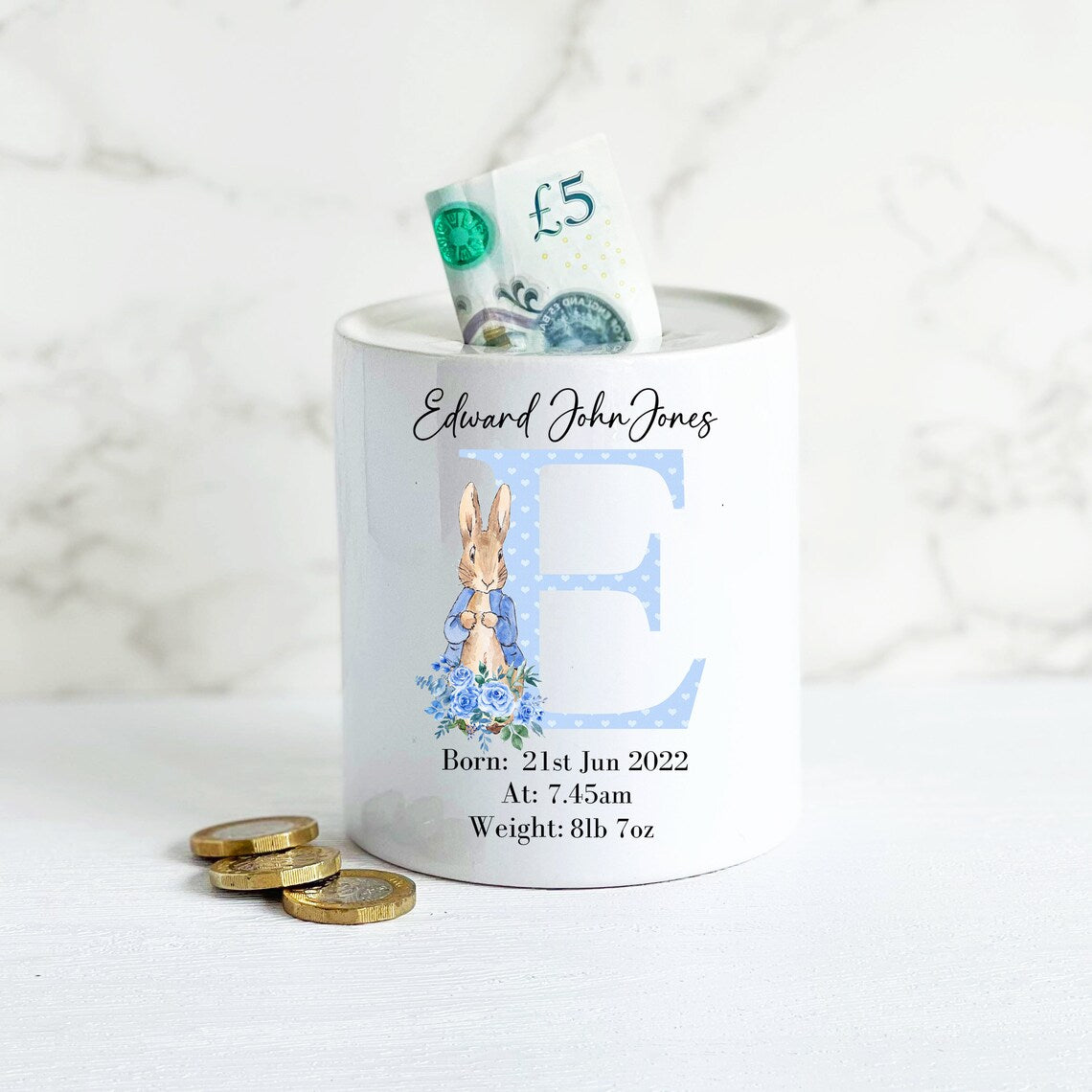 Personalised Blue Rabbit money box, new baby boy gift