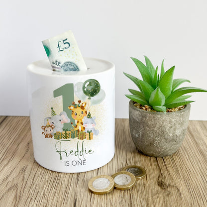 Personalised money box, safari animal theme