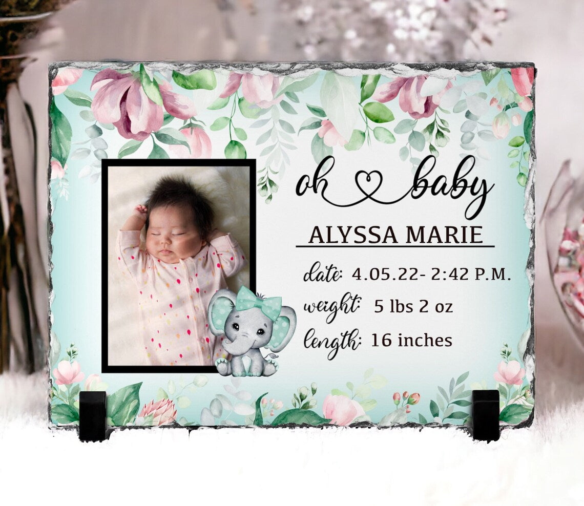 Mint Elephant New Baby Photo Slate