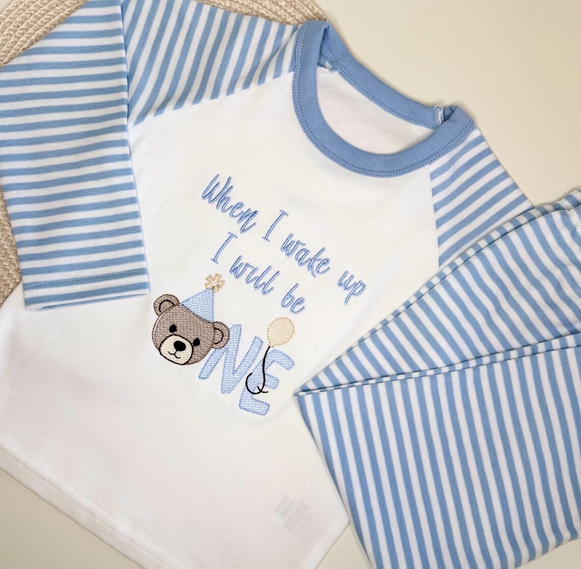 Personalised First Birthday Pajamas – Blue Striped Bear Design