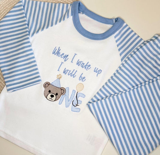Personalised First Birthday Pajamas – Blue Striped Bear Design