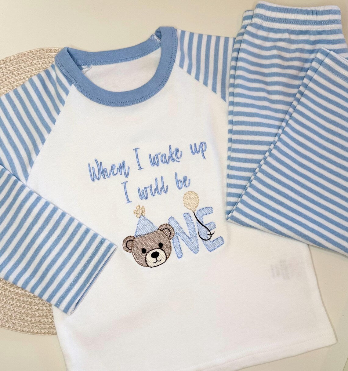 Personalised First Birthday Pajamas – Blue Striped Bear Design