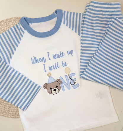 Personalised First Birthday Pajamas – Blue Striped Bear Design