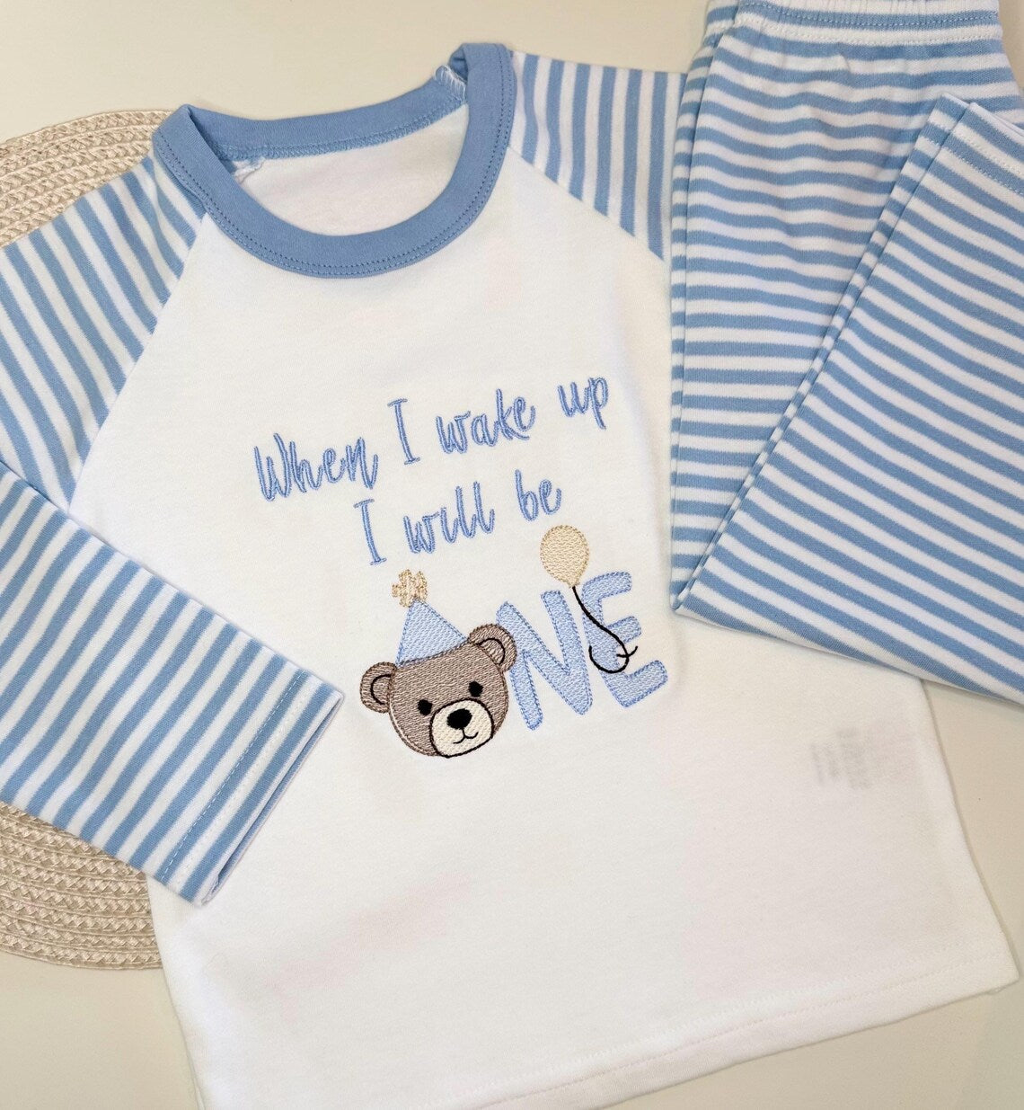 Personalised First Birthday Pajamas – Blue Striped Bear Design