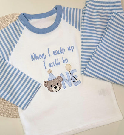Personalised First Birthday Pajamas – Blue Striped Bear Design