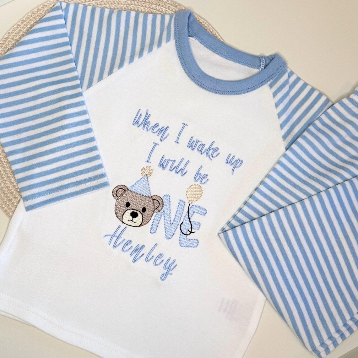 Personalised First Birthday Pajamas – Blue Striped Bear Design