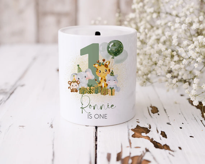 Personalised money box, safari animal theme