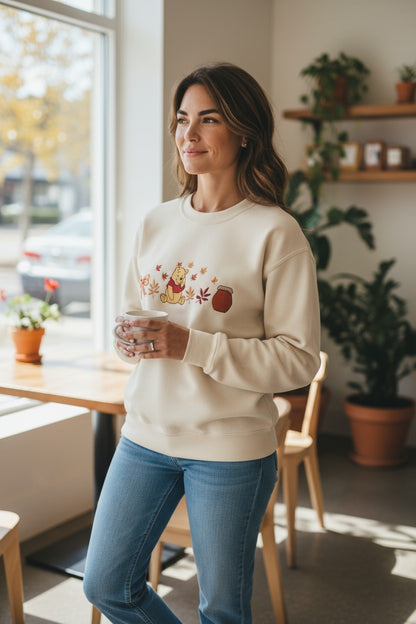 Autumn Pooh Sweatshirt | Embroidered Fall Crewneck | Cosy Cute Sweater for Disney Lovers