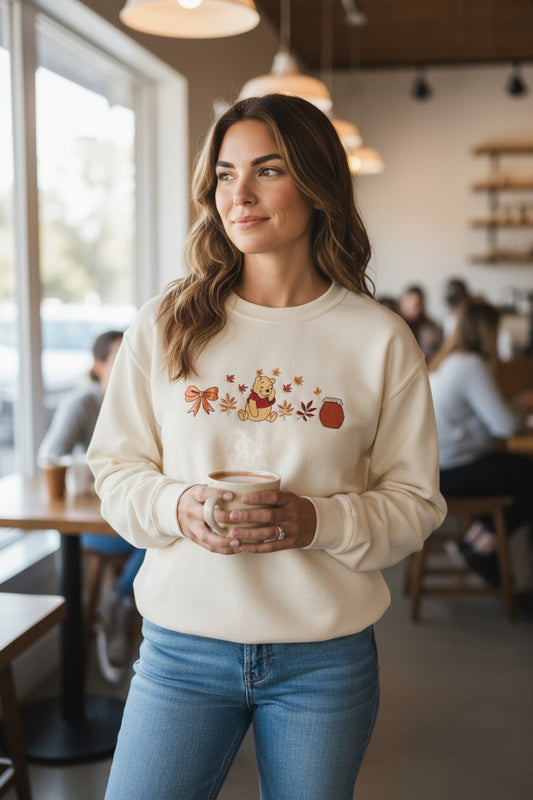 Autumn Pooh Sweatshirt | Embroidered Fall Crewneck | Cosy Cute Sweater for Disney Lovers