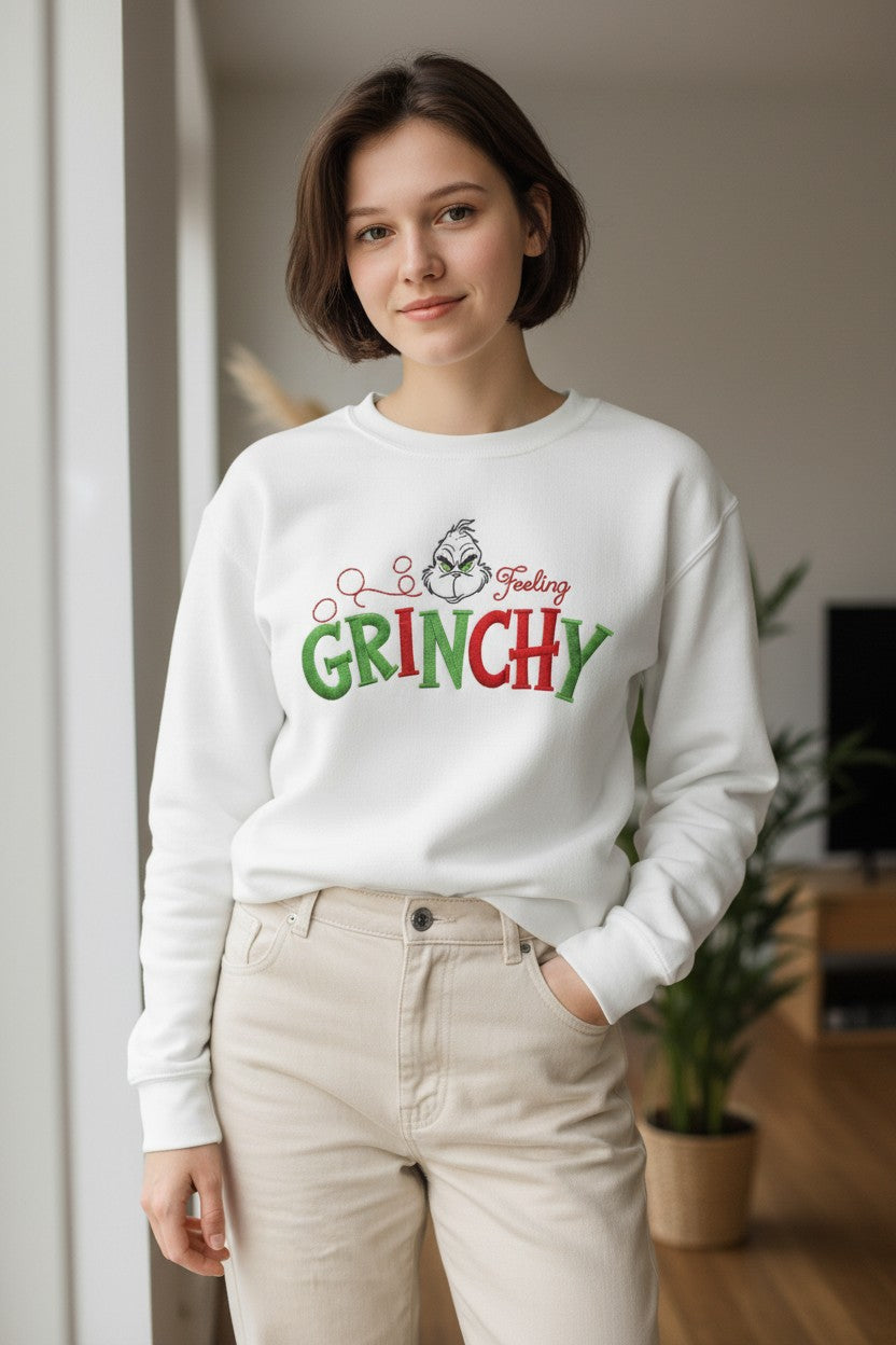 Feeling Grinchy Embroidered Christmas Sweatshirt | Holiday Sweater | Grinch-Inspired Gift